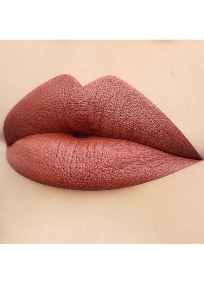 Temptation (terracotta brown shade) lipstick swatch on paler skin