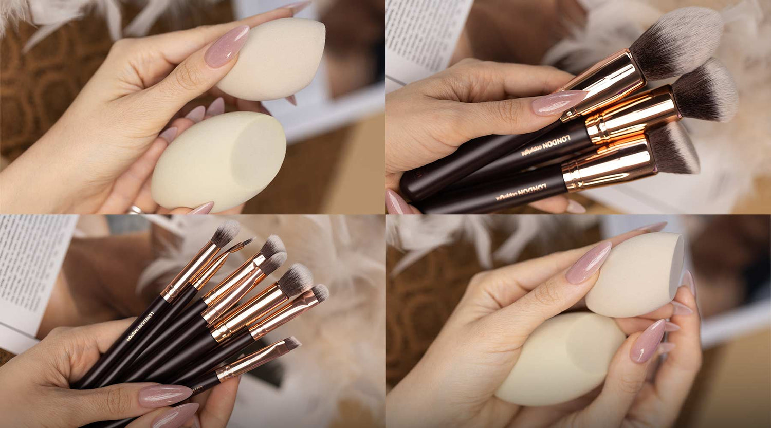 Collage of makeup brushes and sponges held by hands against a neutral background.