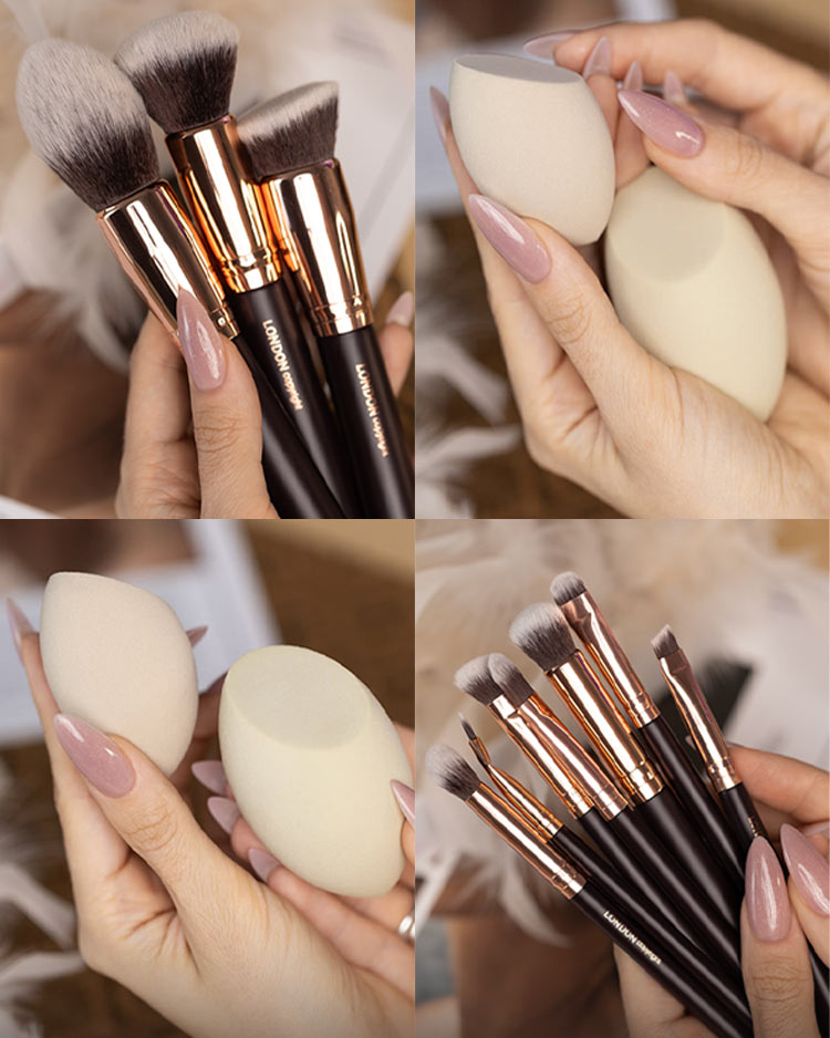 Collage of makeup brushes and sponges held by hands against a neutral background.
