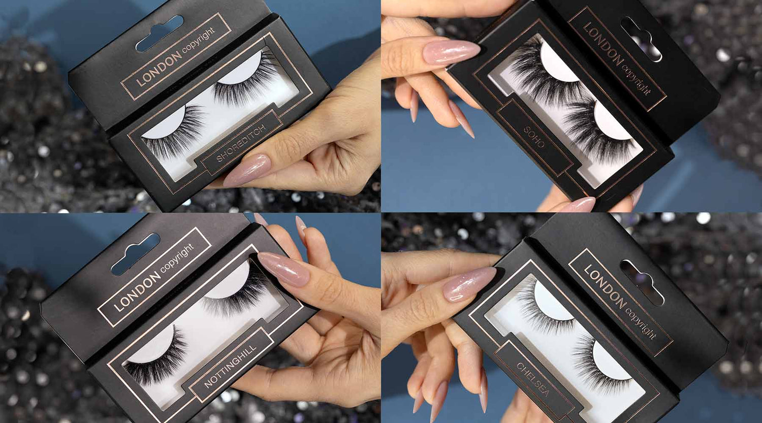 Collage of LONDON Copyright false eyelashes in packaging.