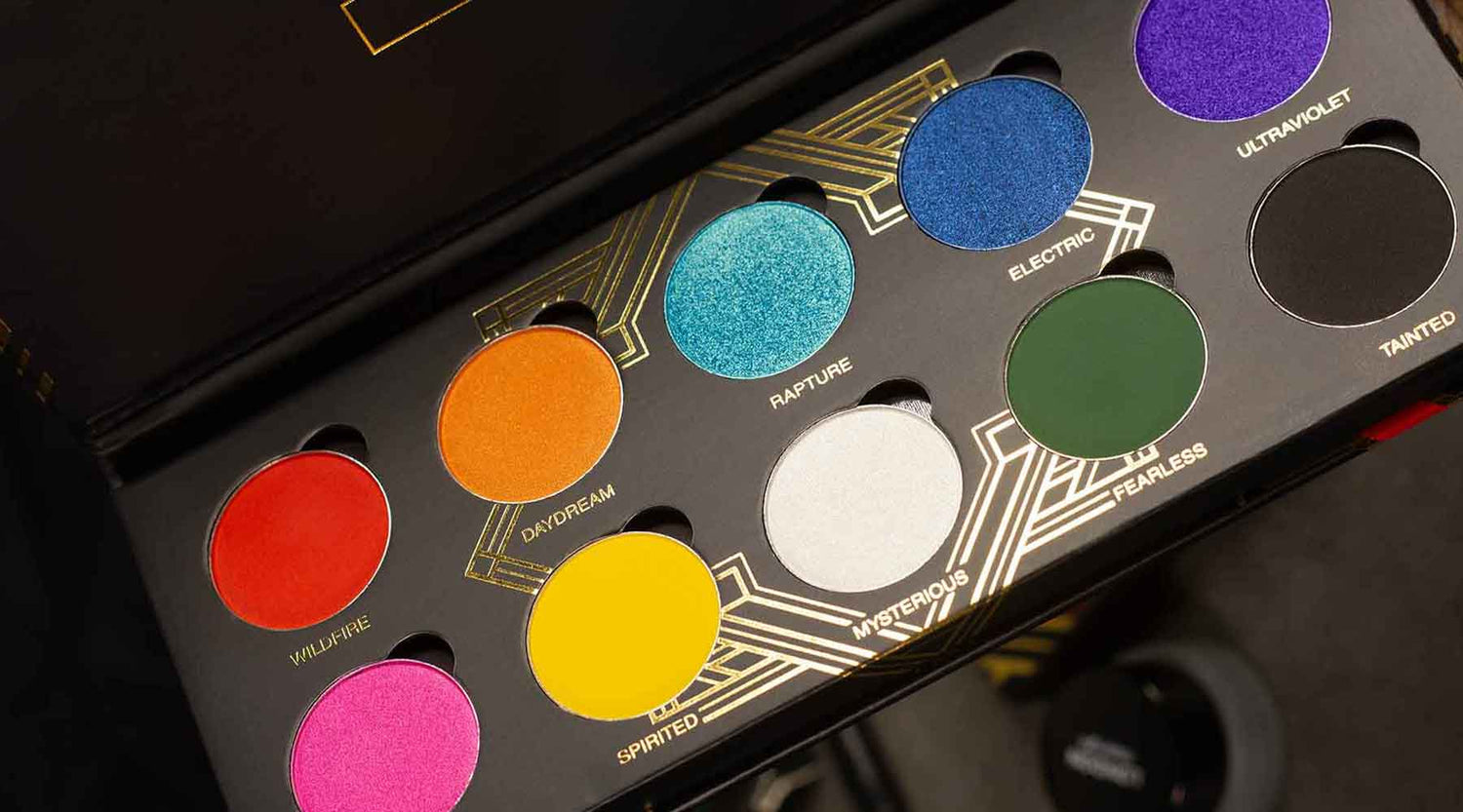 A close up image showing the colours in London Copyright Playhouse Eyeshadow Palette.