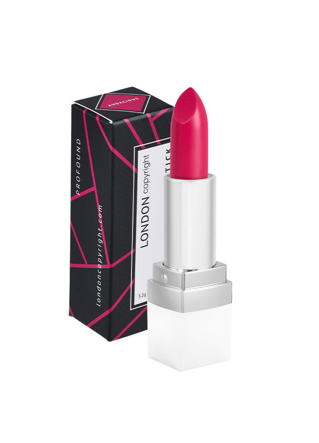 Audacious (bright pink shade) creamy matte lipstick with packaging
