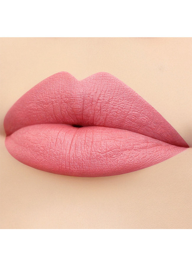 Etiquette (peachy pink shade) lipstick swatch on paler skin tone
