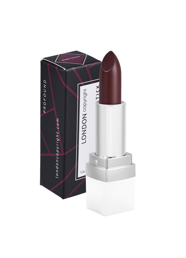 Narcissist (deep purple shade) creamy matte lipstick with packaging