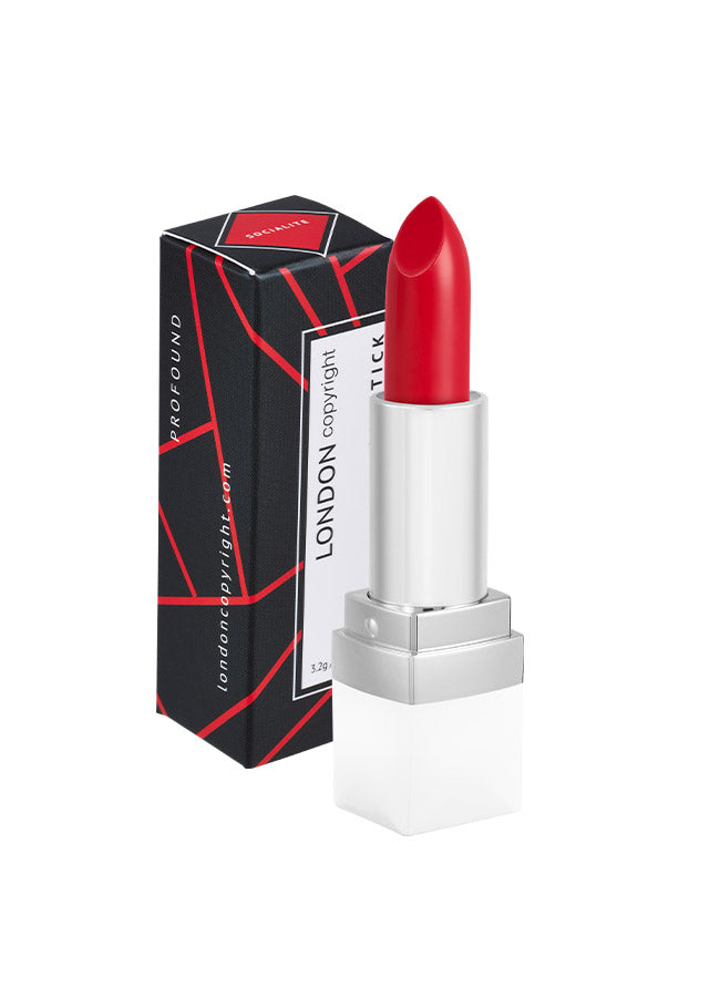 Socialite (bright coral red shade) creamy matte lipstick with packaging