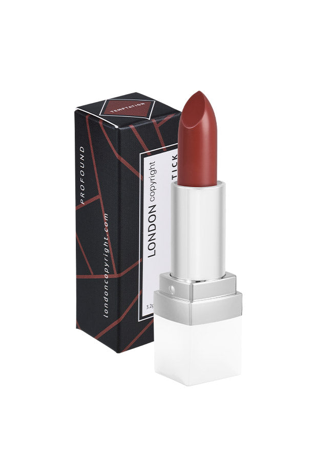Temptation (terracotta brown shade) creamy matte lipstick with packaging