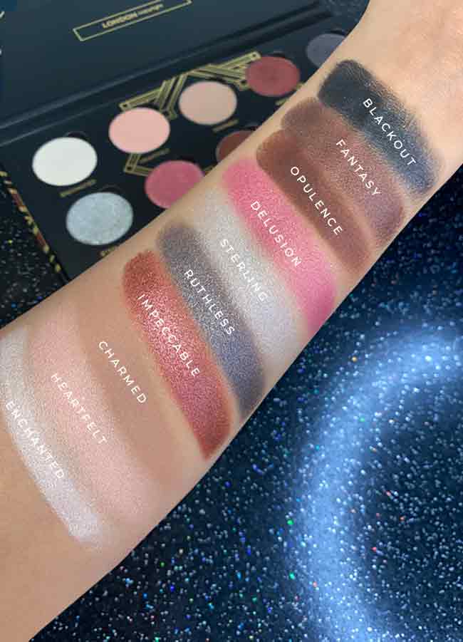 London Copyright Eyeshadow Palette - The Opera - colour swatches on arm